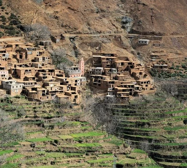 Terraced fields and traditional clay houses in a Moroccan Atlas Mountain village.