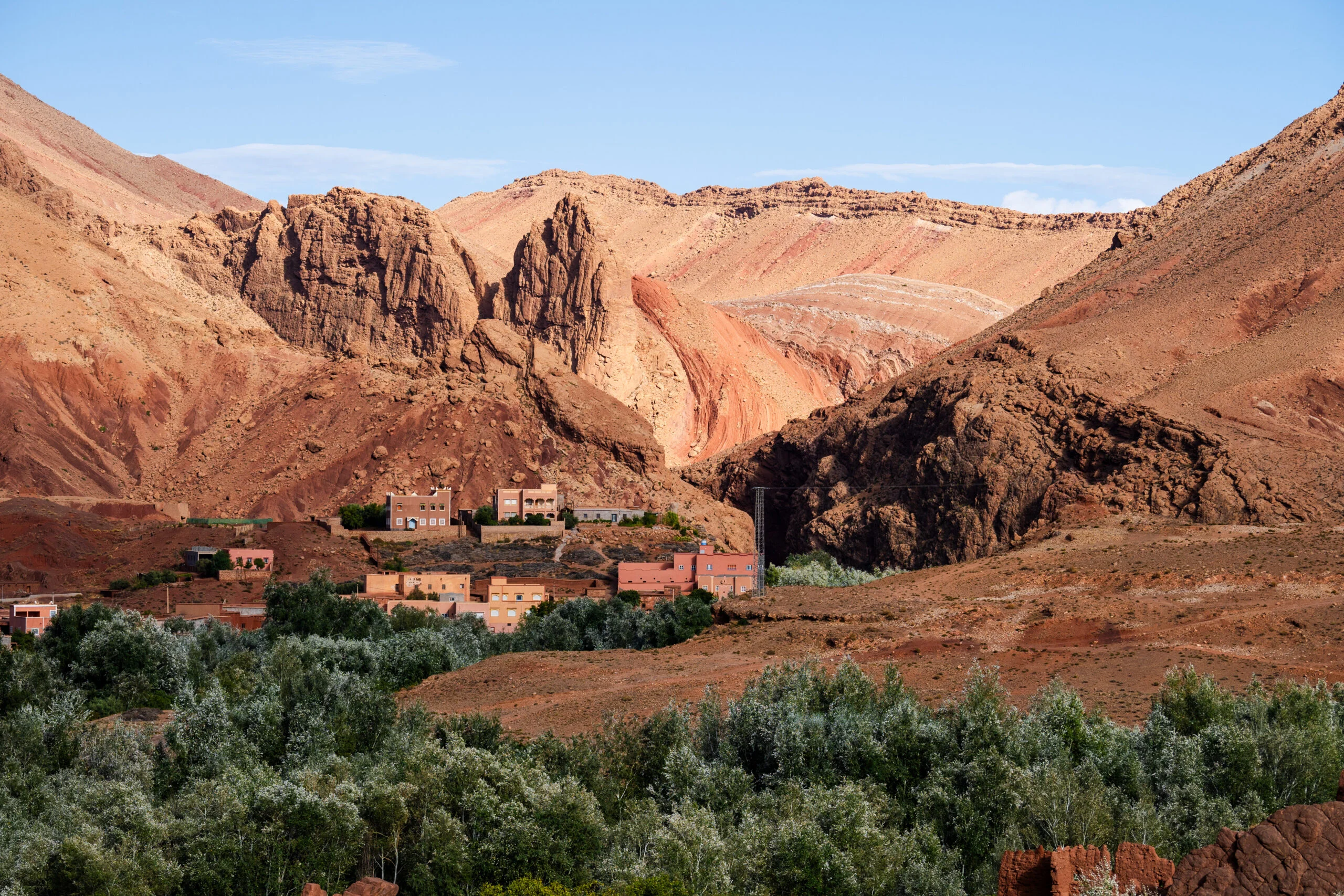 Nature, rocks, houses and mountains in Dades Gorge Morocco during sunset